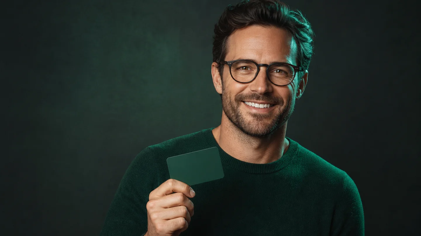 Hombre con gafas sosteniendo una tarjeta de financiación sin marca