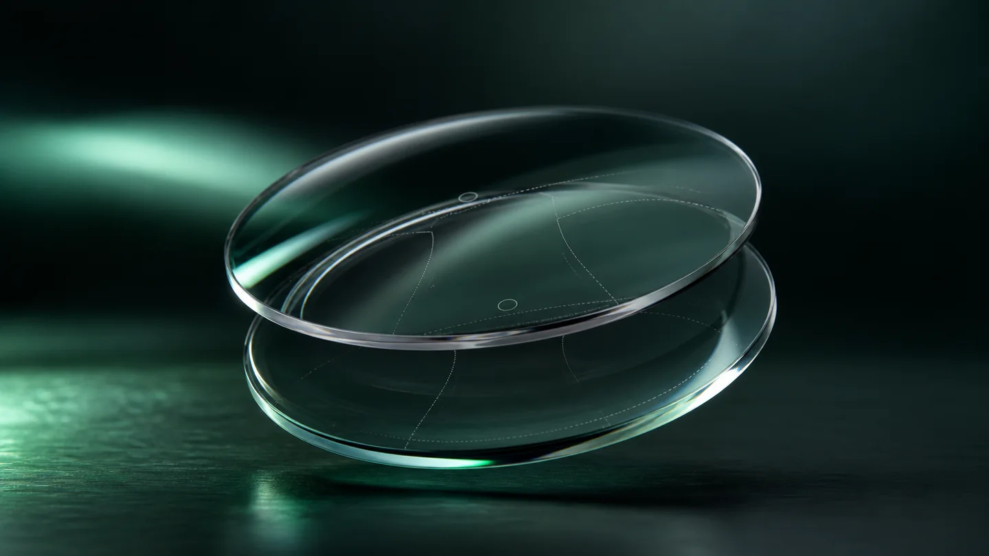 Lentes progresivas transparentes sobre un estudio óptico en tonos esmeralda