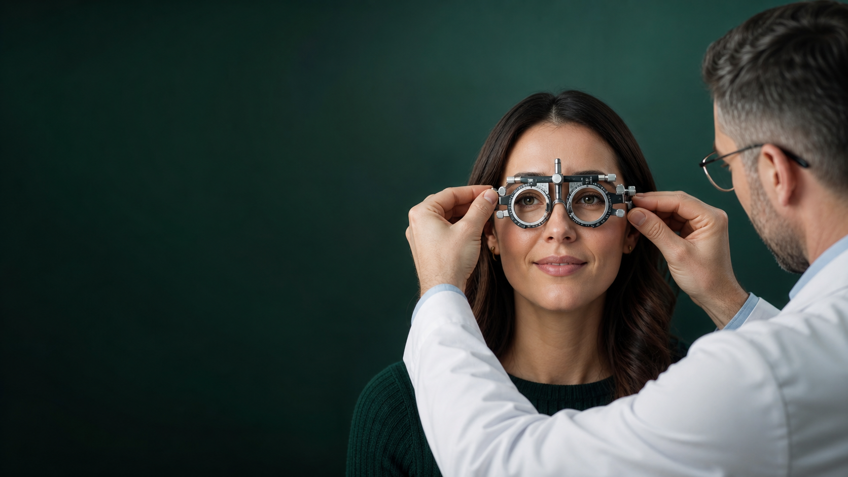 Optometrista atendiendo a una mujer durante un examen visual