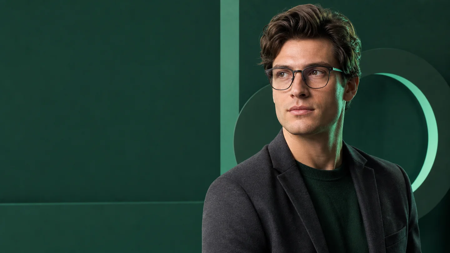 Hombre con gafas graduadas en un estudio esmeralda